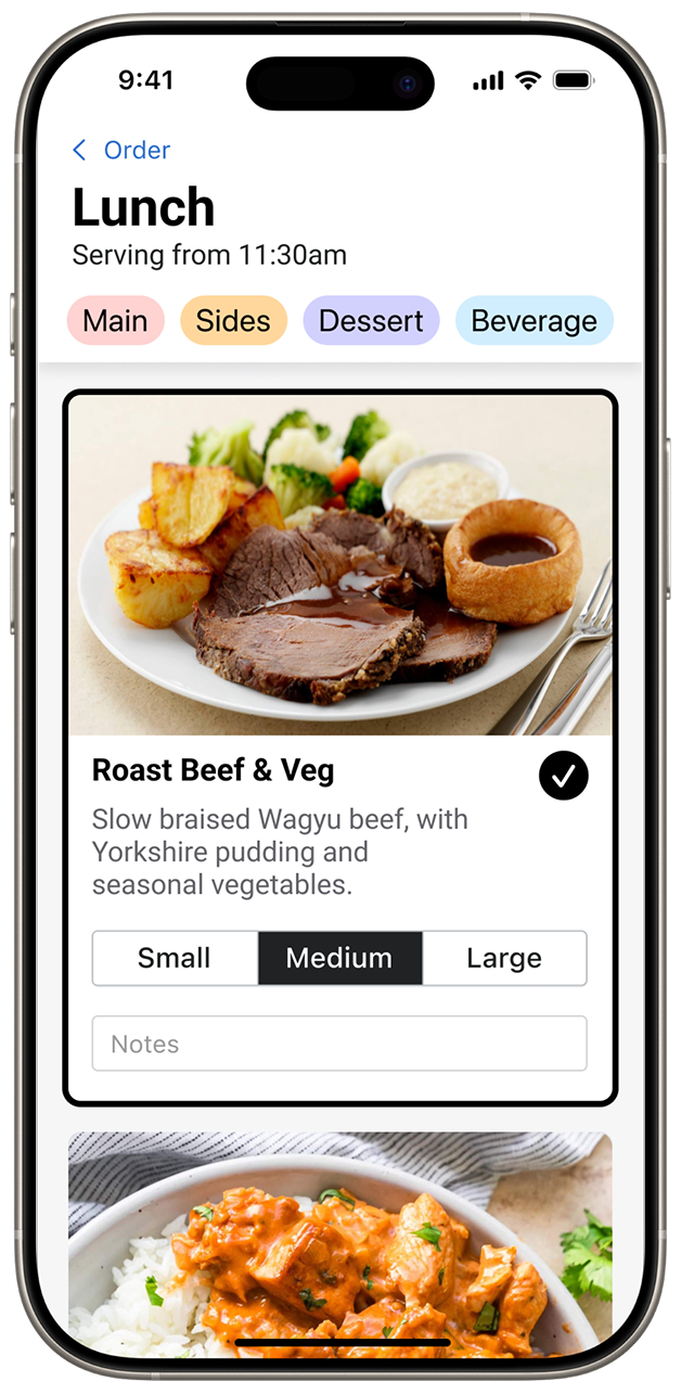 eMeals app showing resident meal options