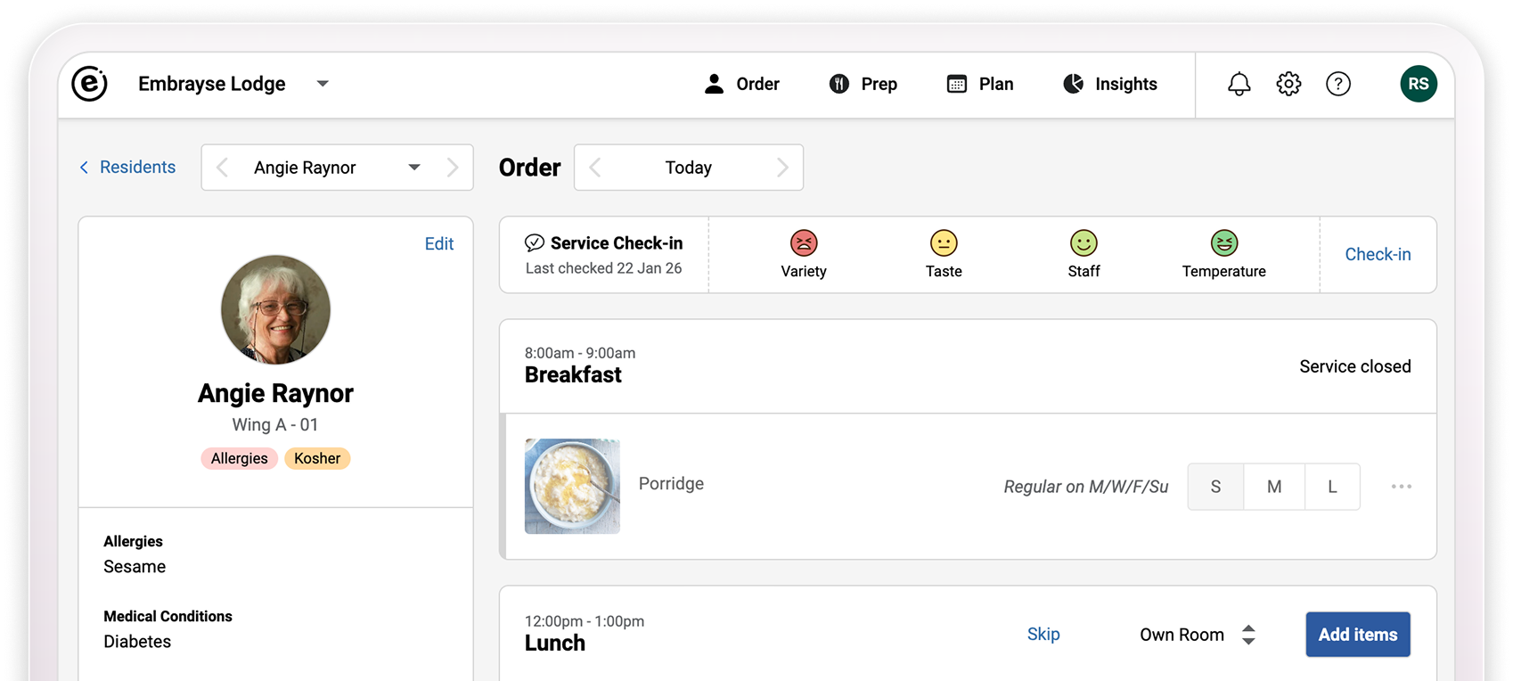 Embrayse aged care menu planning software showing resident meal orders with dietary alerts