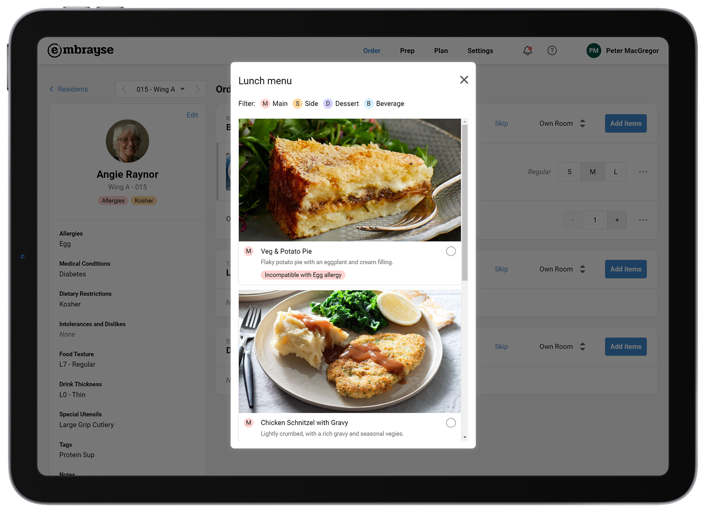 Aged care menu displayed on an iPad for resident meal selection