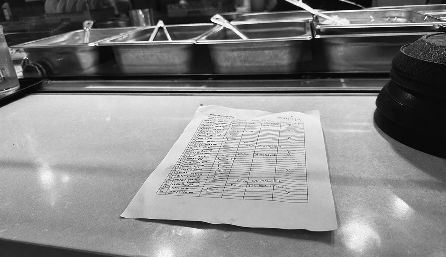 Handwritten dietary requirements on a laminated sheet