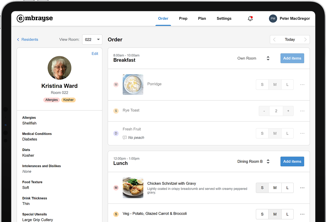 Embrayse orders screen showing dietary alerts and safety warnings