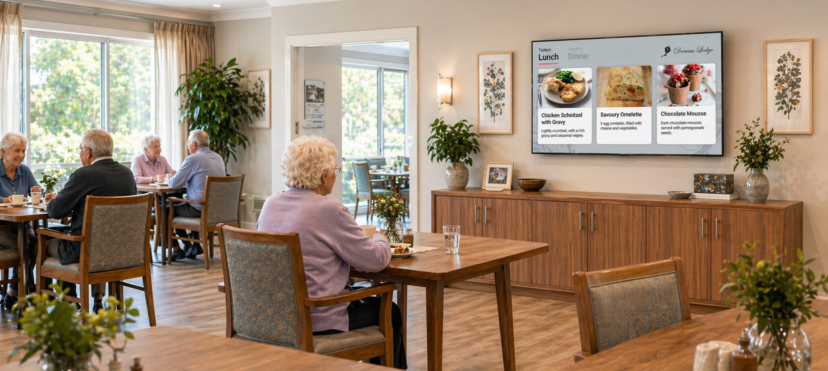 TV displaying the Embrayse menu in an aged care dining room
