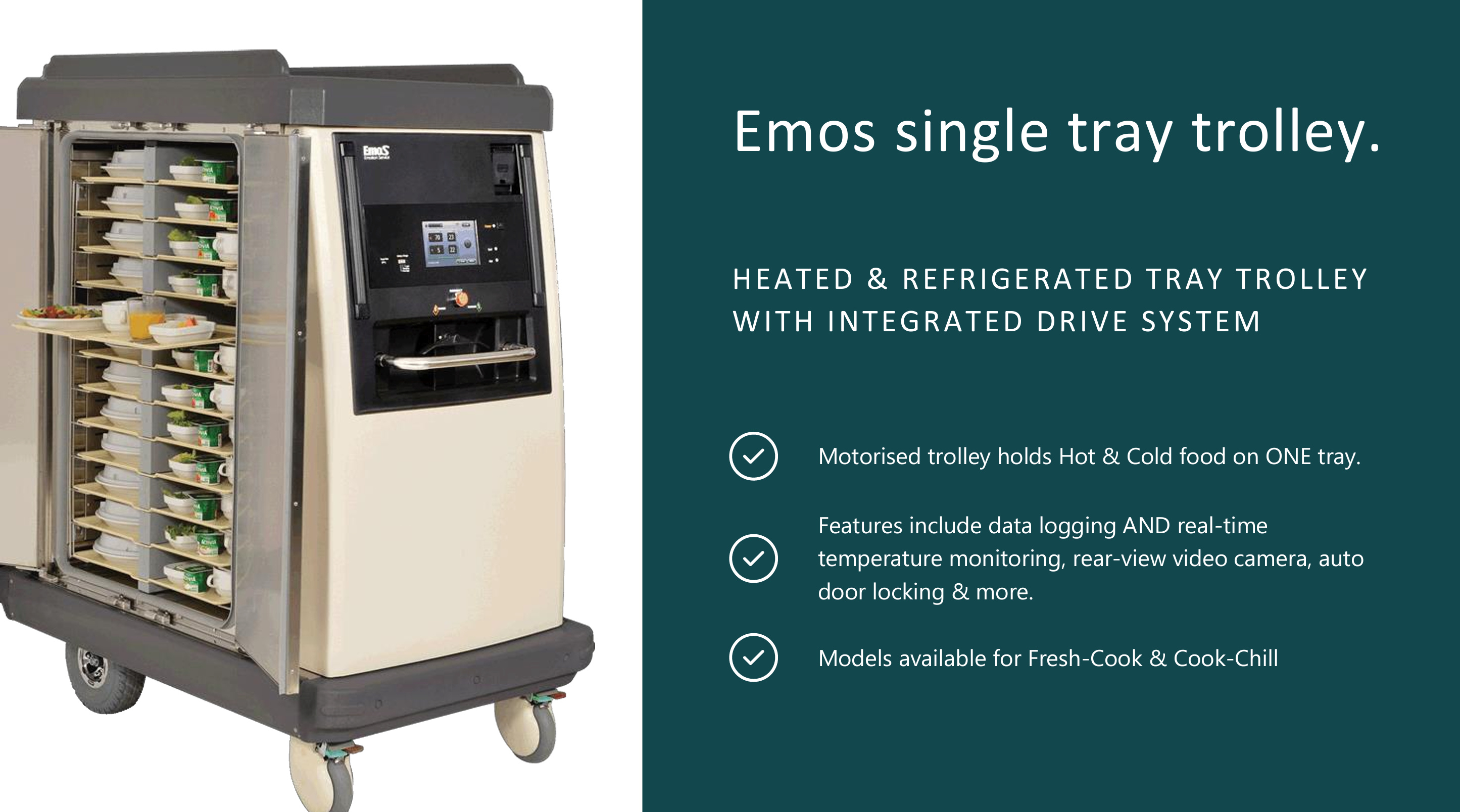 A heated and refrigerated single tray trolley for aged care meal delivery