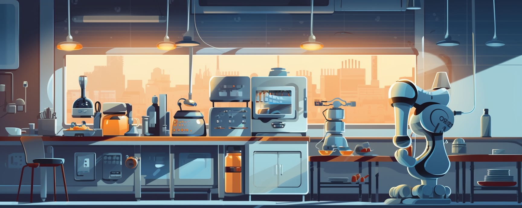 A futuristic aged care kitchen with modern food preparation equipment