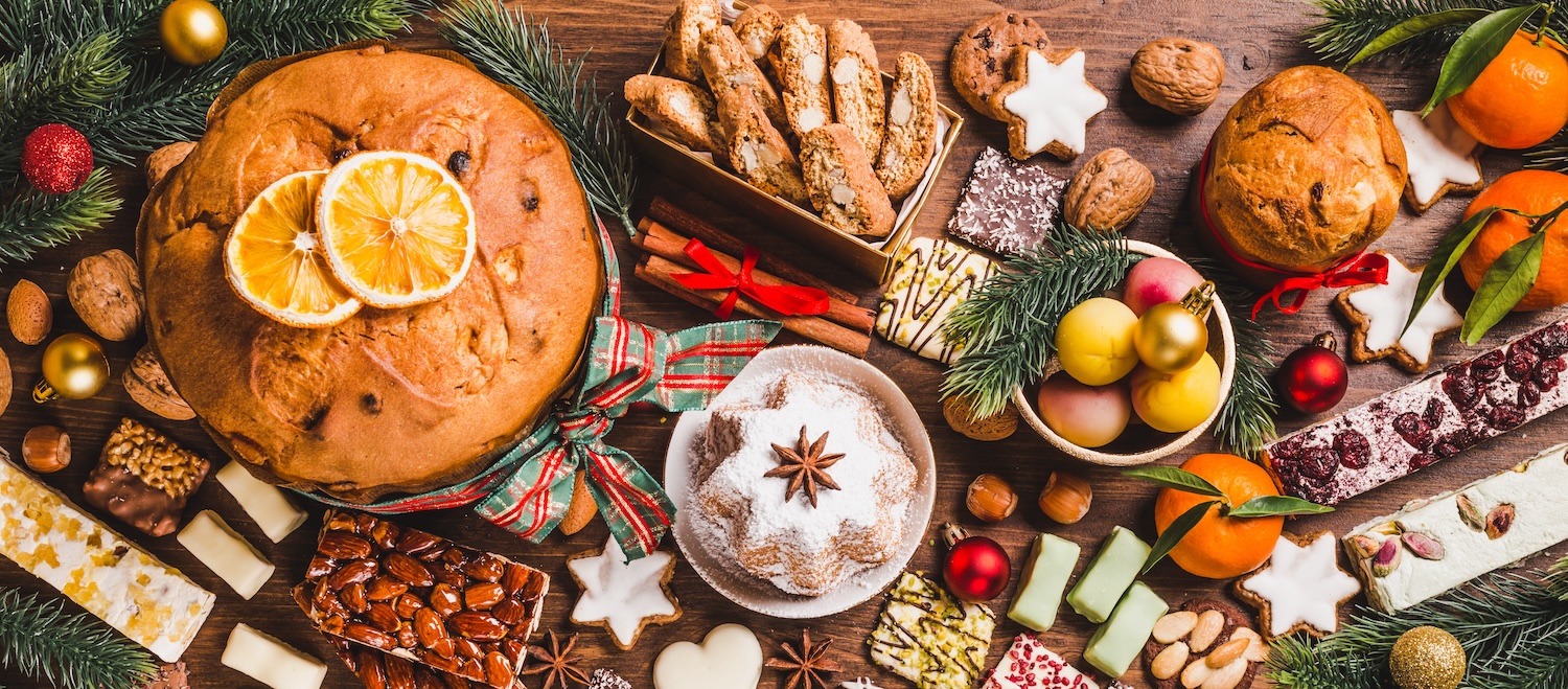 A traditional Christmas spread laid out on a festive table