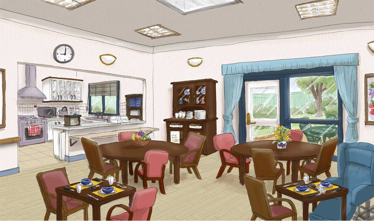A dementia-friendly dining environment with clear contrast, simple table settings and good lighting