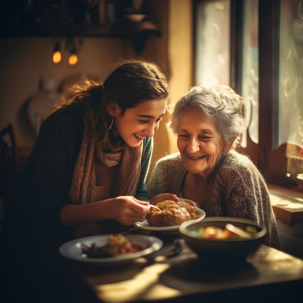 A daughter feeding her mother, who has dementia, in an aged care setting